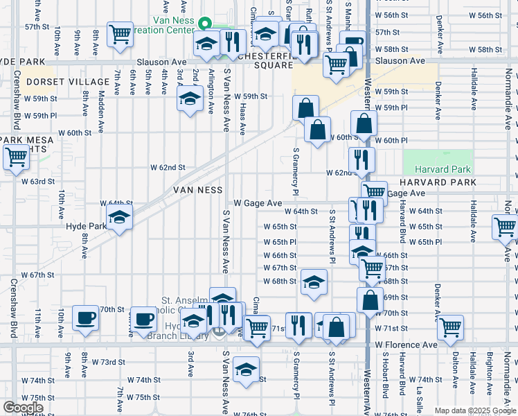 map of restaurants, bars, coffee shops, grocery stores, and more near 2060 West 64th Street in Los Angeles
