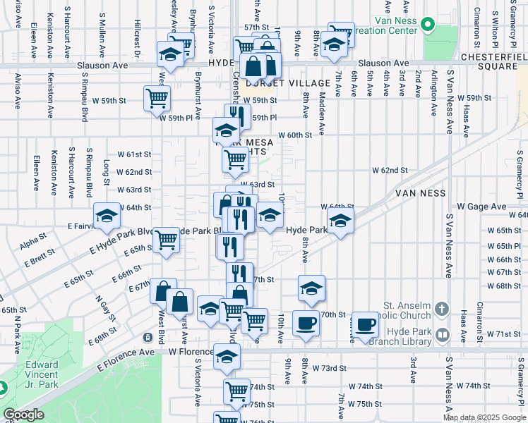 map of restaurants, bars, coffee shops, grocery stores, and more near 6428 11th Avenue in Los Angeles