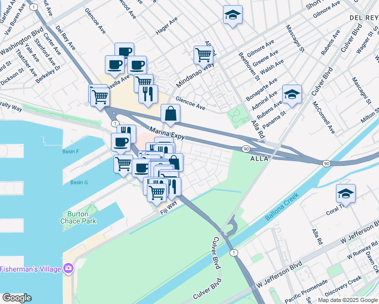 map of restaurants, bars, coffee shops, grocery stores, and more near 13211 Admiral Avenue in Marina del Rey