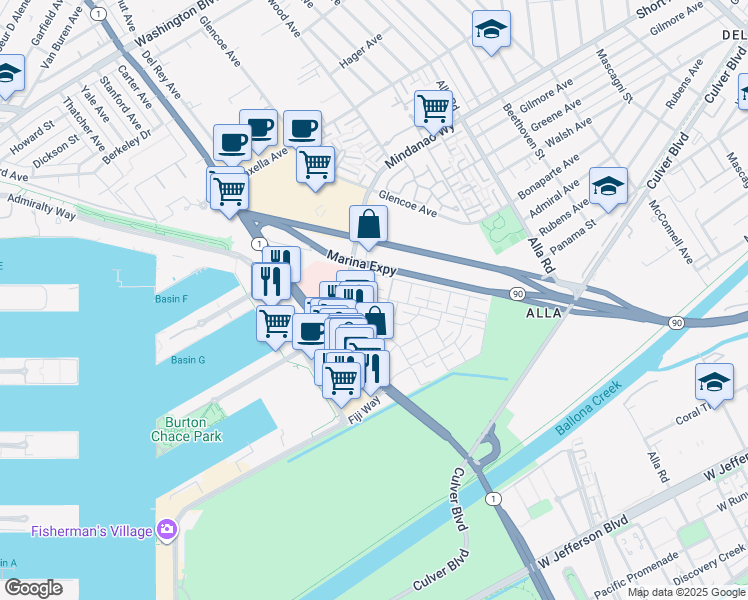 map of restaurants, bars, coffee shops, grocery stores, and more near 4727 La Villa Marina in Marina del Rey