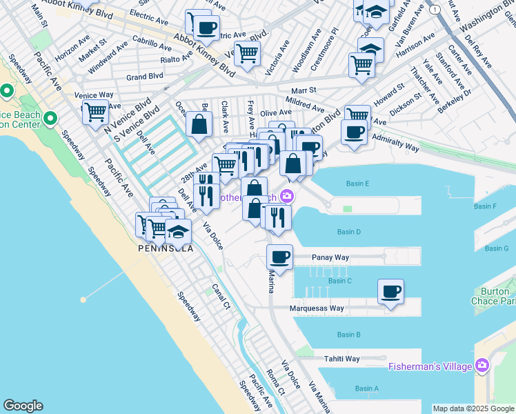 map of restaurants, bars, coffee shops, grocery stores, and more near in Marina del Rey