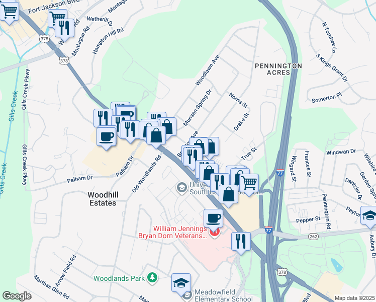 map of restaurants, bars, coffee shops, grocery stores, and more near 6306 Garners Ferry Road in Columbia