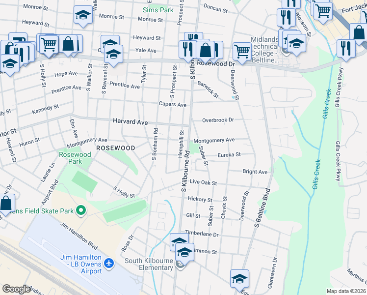 map of restaurants, bars, coffee shops, grocery stores, and more near 706 Hemphill Street in Columbia