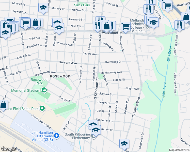 map of restaurants, bars, coffee shops, grocery stores, and more near 802 Hemphill Street in Columbia