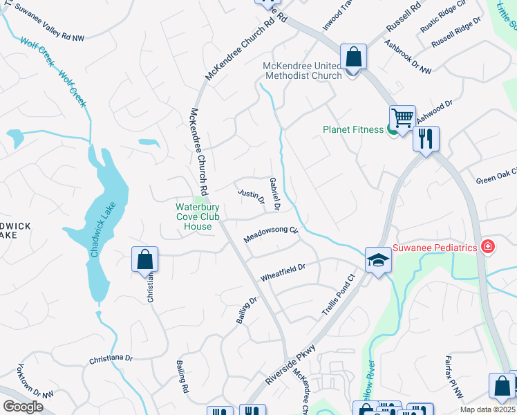 map of restaurants, bars, coffee shops, grocery stores, and more near 1414 Justin Drive in Lawrenceville
