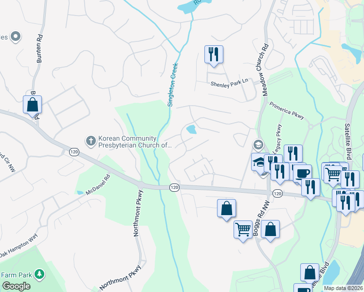 map of restaurants, bars, coffee shops, grocery stores, and more near 2657 Staunton Drive in Duluth