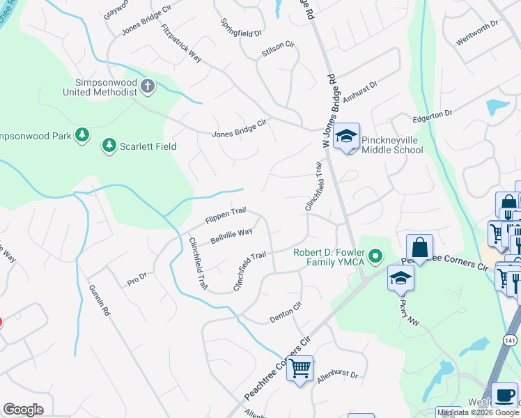 map of restaurants, bars, coffee shops, grocery stores, and more near 4111 Flippen Trail in Norcross