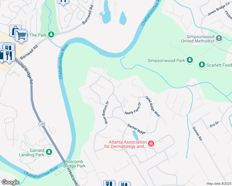 map of restaurants, bars, coffee shops, grocery stores, and more near 6201 Neely Farm Drive in Norcross