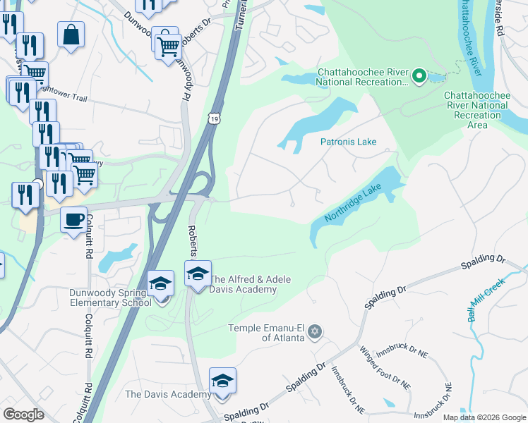 map of restaurants, bars, coffee shops, grocery stores, and more near 8380 High Tarn in Atlanta