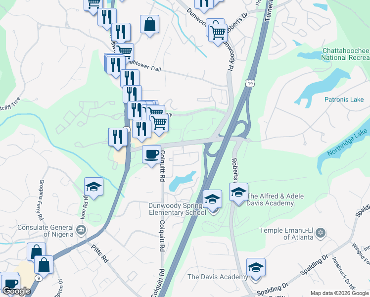 map of restaurants, bars, coffee shops, grocery stores, and more near 599 Northridge Road in Sandy Springs