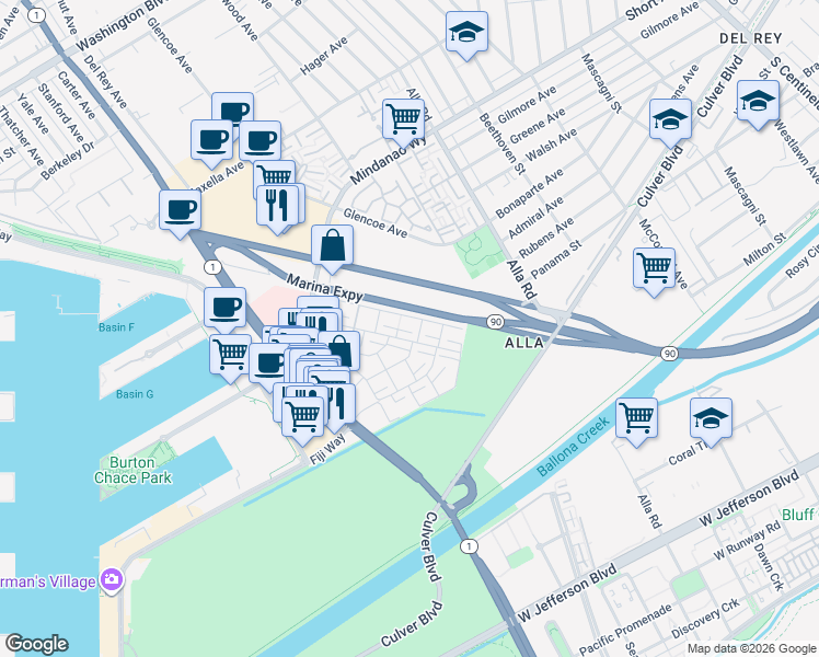 map of restaurants, bars, coffee shops, grocery stores, and more near 4764 La Villa Marina in Marina del Rey