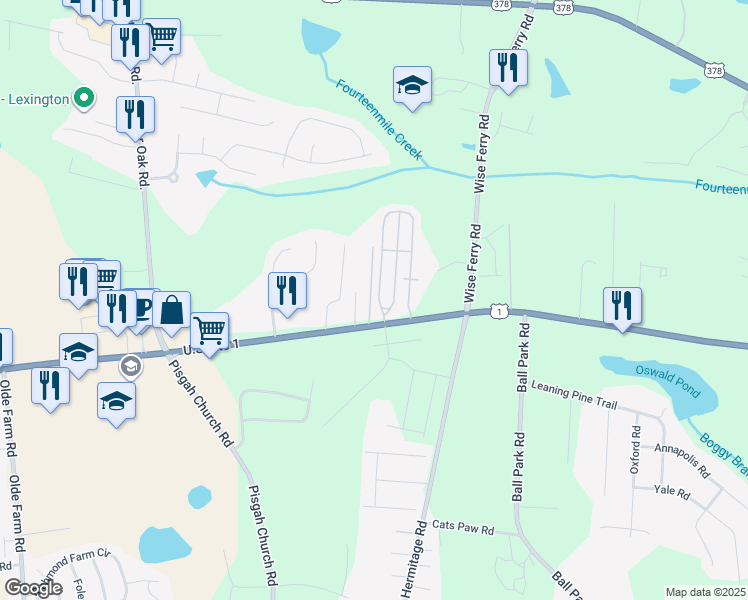 map of restaurants, bars, coffee shops, grocery stores, and more near 493 Dawson Park Way in Lexington