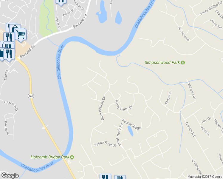 map of restaurants, bars, coffee shops, grocery stores, and more near 6201 Neely Farm Drive in Norcross