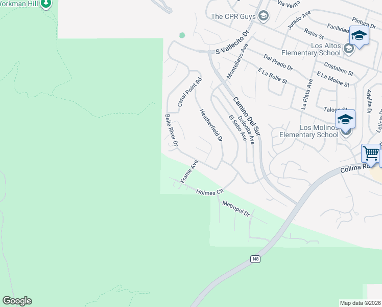 map of restaurants, bars, coffee shops, grocery stores, and more near 3474 Belle River Drive in Hacienda Heights