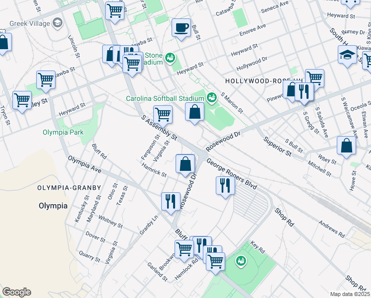 map of restaurants, bars, coffee shops, grocery stores, and more near 621 South Assembly Street in Columbia