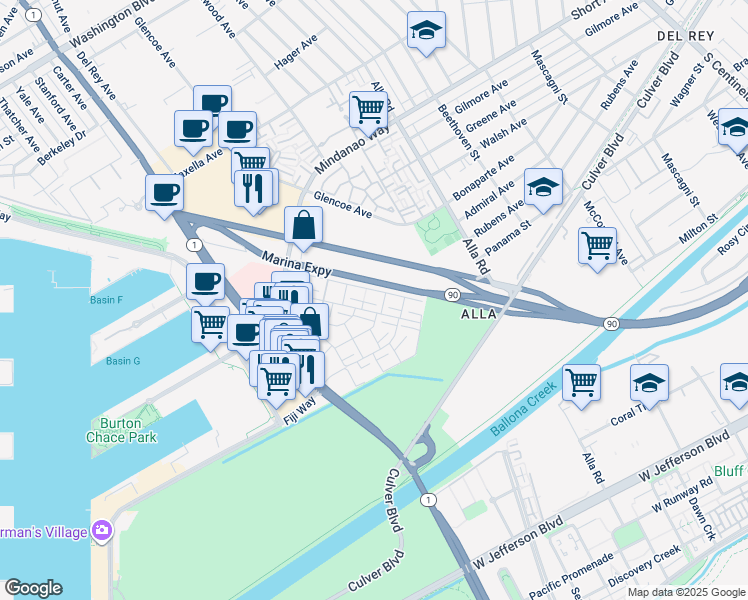 map of restaurants, bars, coffee shops, grocery stores, and more near 4764 La Villa Marina in Marina del Rey