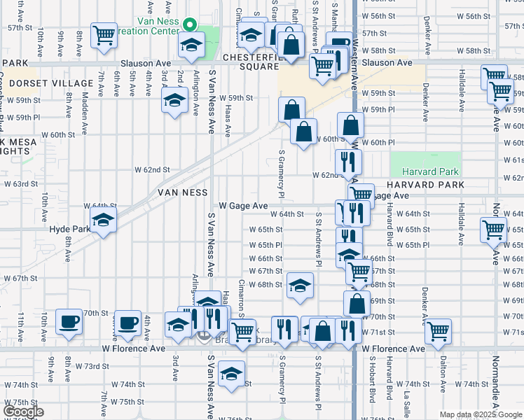 map of restaurants, bars, coffee shops, grocery stores, and more near 2037 West 64th Street in Los Angeles
