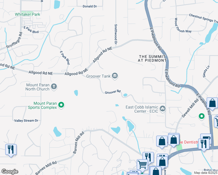 map of restaurants, bars, coffee shops, grocery stores, and more near 1886 Groover Road in Marietta