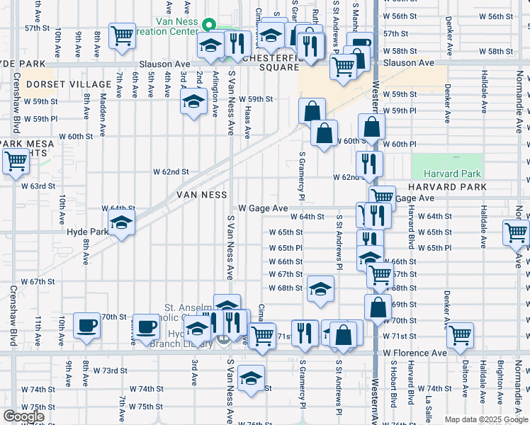 map of restaurants, bars, coffee shops, grocery stores, and more near 2060 West 64th Street in Los Angeles