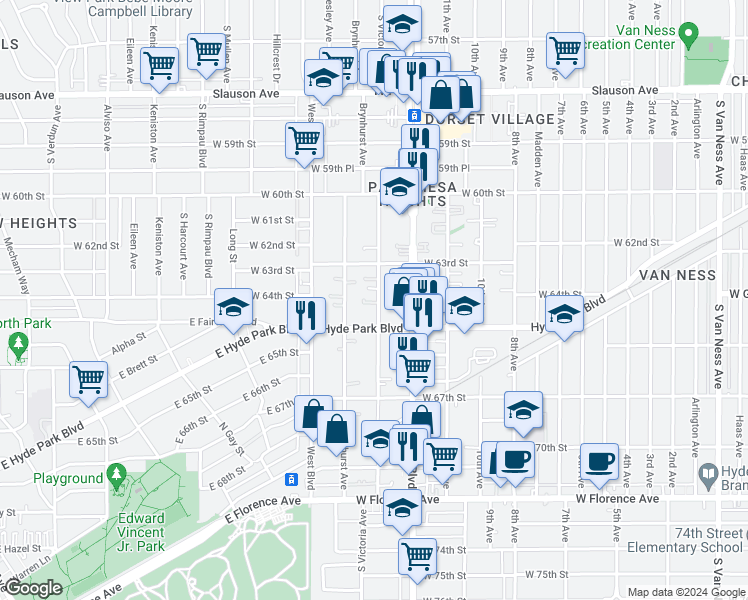 map of restaurants, bars, coffee shops, grocery stores, and more near 6401 South Victoria Avenue in Los Angeles