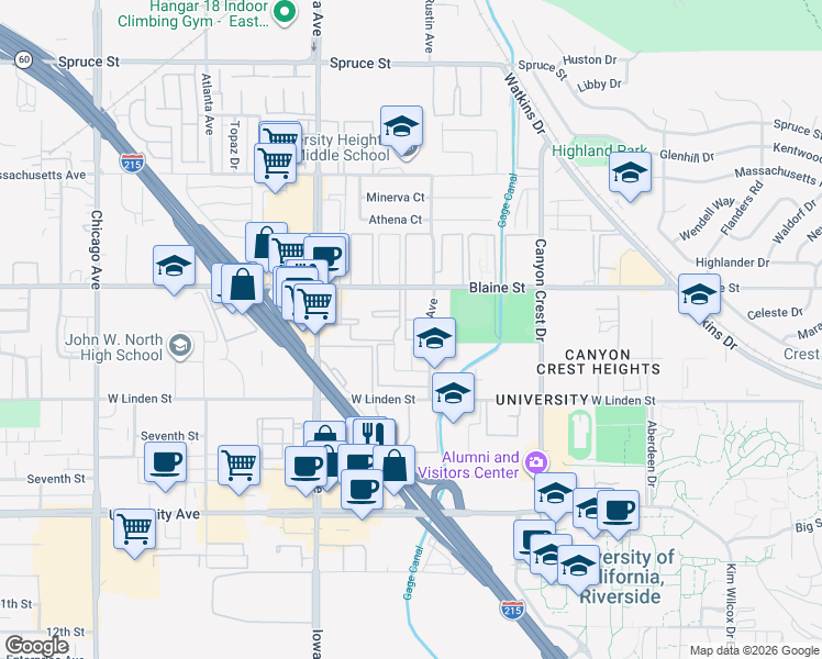 map of restaurants, bars, coffee shops, grocery stores, and more near 1144 West Blaine Street in Riverside