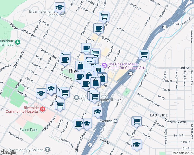 map of restaurants, bars, coffee shops, grocery stores, and more near 3768 Orange Street in Riverside