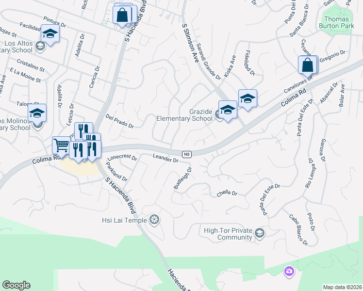 map of restaurants, bars, coffee shops, grocery stores, and more near 2995 Leopold Avenue in Hacienda Heights