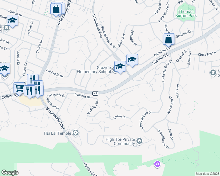 map of restaurants, bars, coffee shops, grocery stores, and more near 2916 Sisal Place in Hacienda Heights