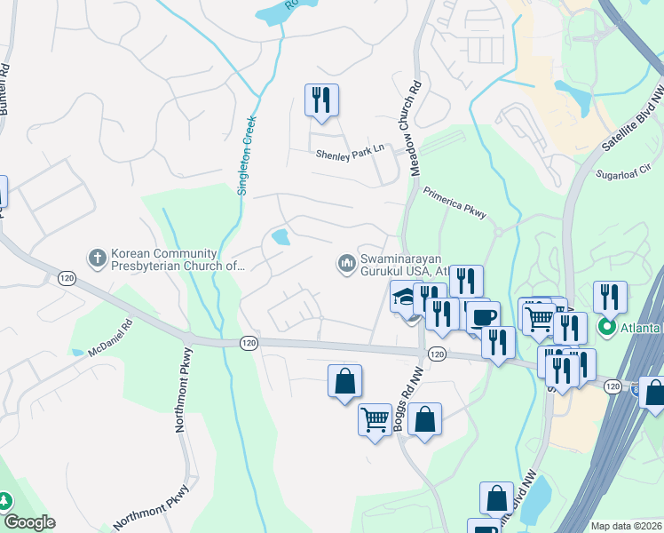 map of restaurants, bars, coffee shops, grocery stores, and more near 2324 Meadow Church Road in Duluth