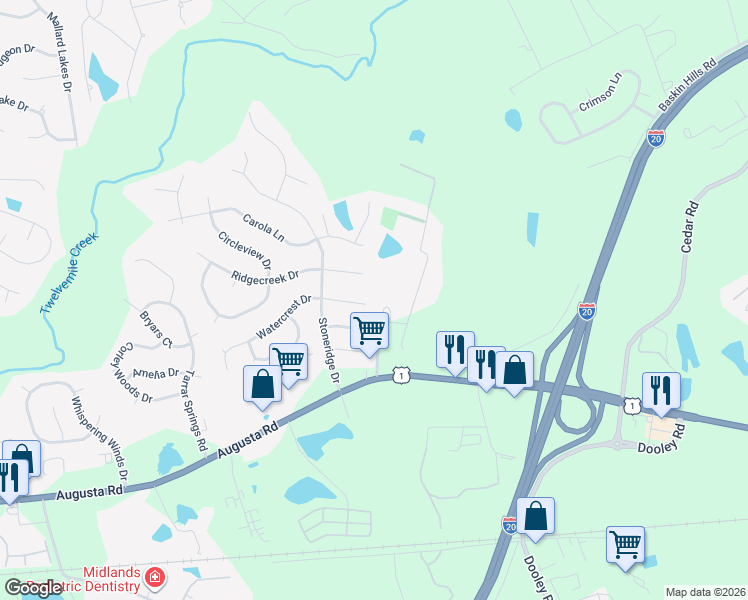 map of restaurants, bars, coffee shops, grocery stores, and more near 125 Wood Cut Road in Lexington