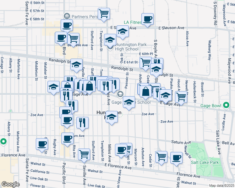 map of restaurants, bars, coffee shops, grocery stores, and more near 6360 Gentry Street in Huntington Park