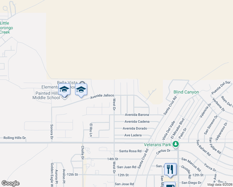 map of restaurants, bars, coffee shops, grocery stores, and more near 66014 Avenida Jalisco in Desert Hot Springs