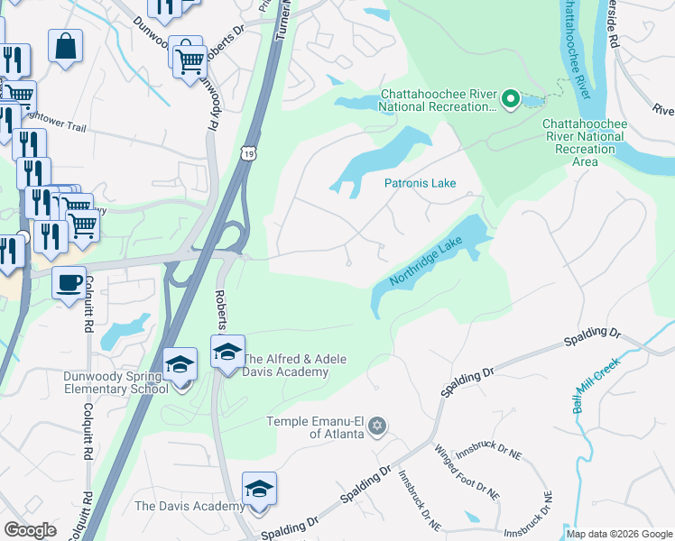 map of restaurants, bars, coffee shops, grocery stores, and more near 8380 High Tarn in Atlanta