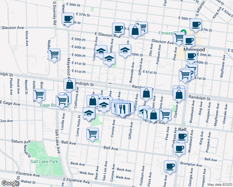 map of restaurants, bars, coffee shops, grocery stores, and more near 6238 Corona Avenue in Bell