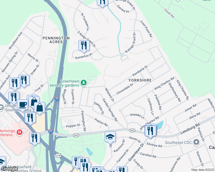 map of restaurants, bars, coffee shops, grocery stores, and more near 6430 Kemberly Street in Columbia