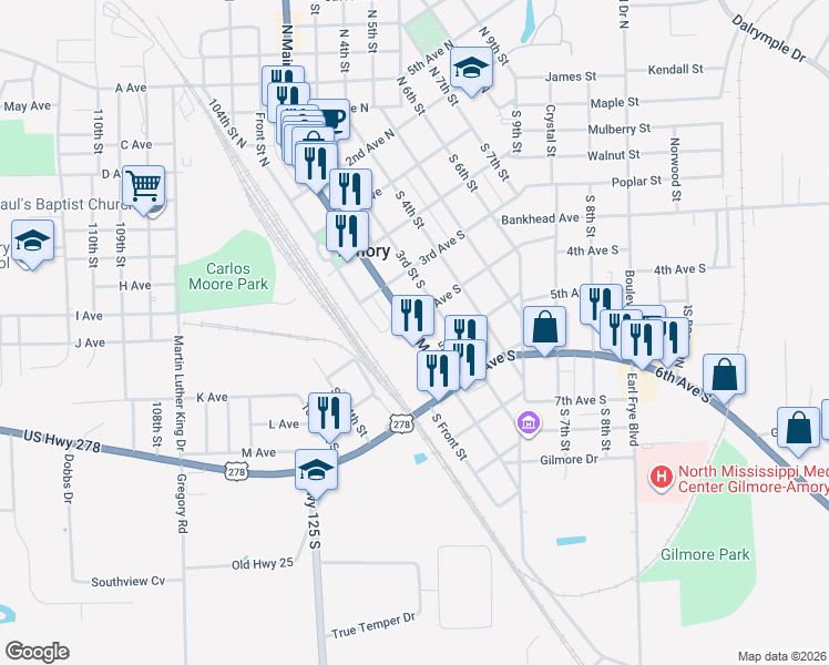 map of restaurants, bars, coffee shops, grocery stores, and more near 406 South Main Street in Amory