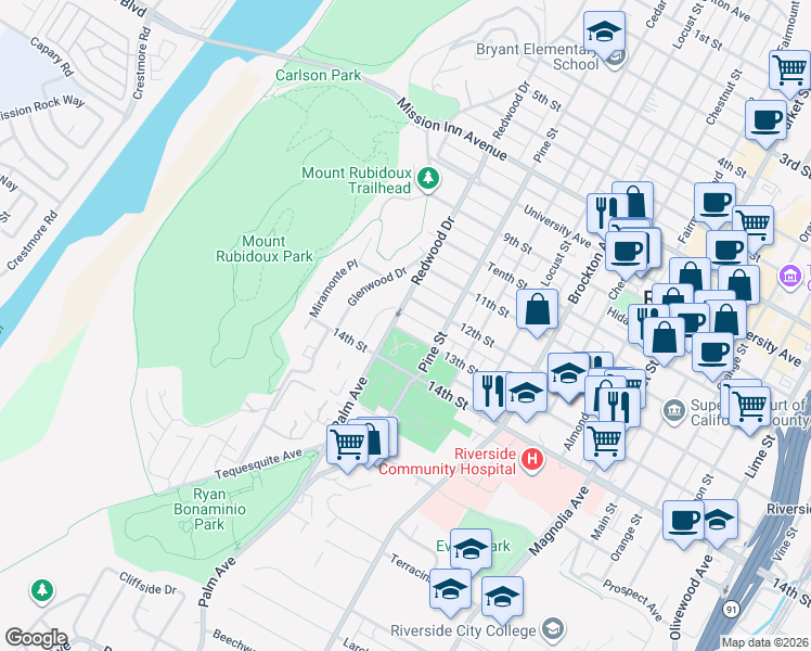 map of restaurants, bars, coffee shops, grocery stores, and more near 4481 13th Street in Riverside