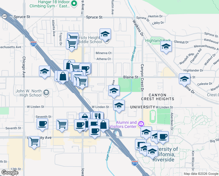 map of restaurants, bars, coffee shops, grocery stores, and more near 3411 Rustin Avenue in Riverside