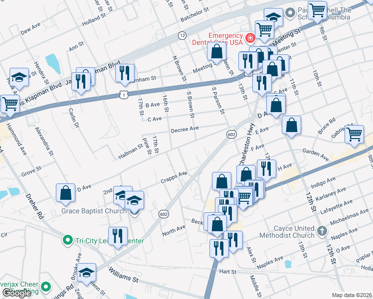 map of restaurants, bars, coffee shops, grocery stores, and more near 321 Chavis Street in West Columbia