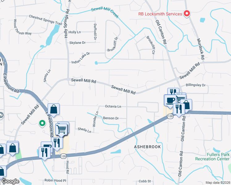 map of restaurants, bars, coffee shops, grocery stores, and more near 1290 Hilton Drive in Marietta