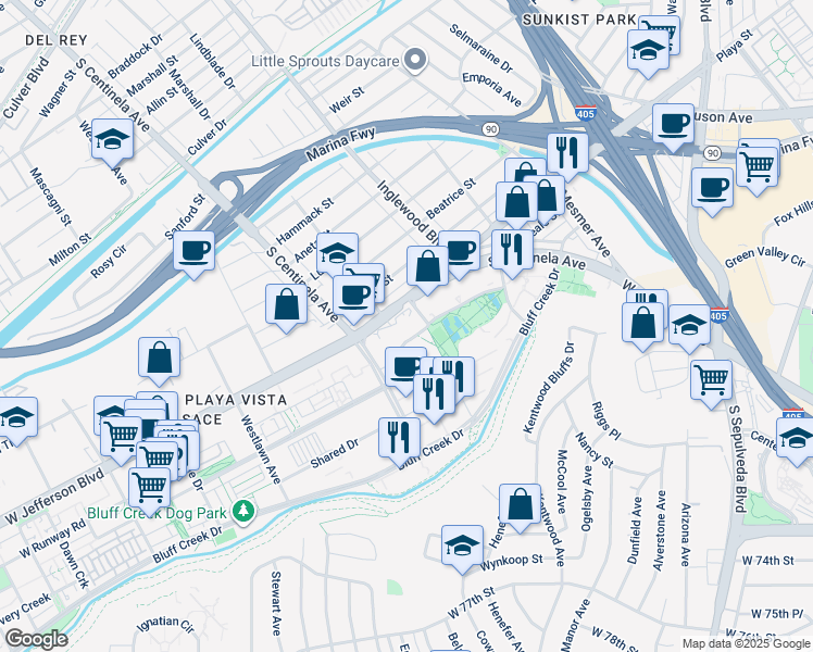map of restaurants, bars, coffee shops, grocery stores, and more near 12109 West Waterfront Drive in Los Angeles