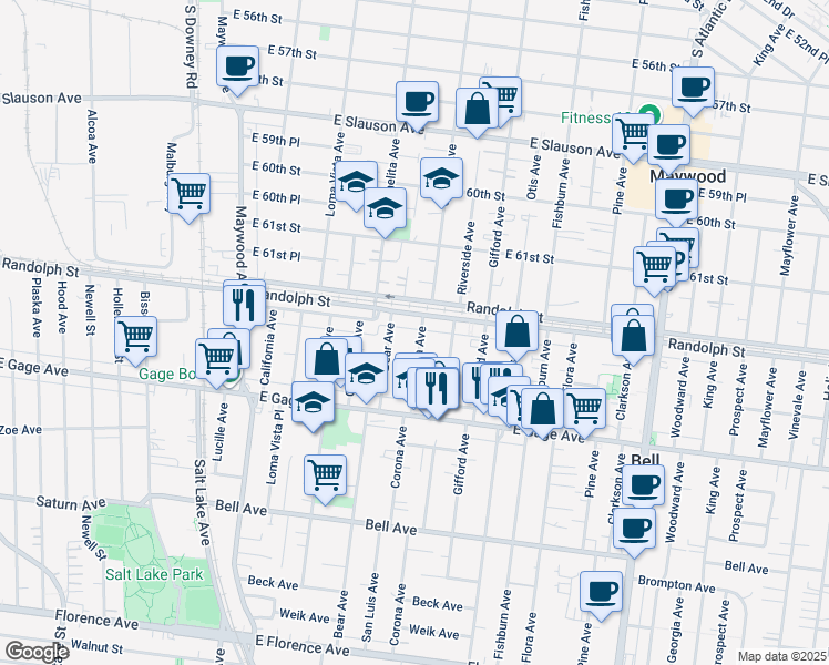 map of restaurants, bars, coffee shops, grocery stores, and more near 6221 Corona Avenue in Bell