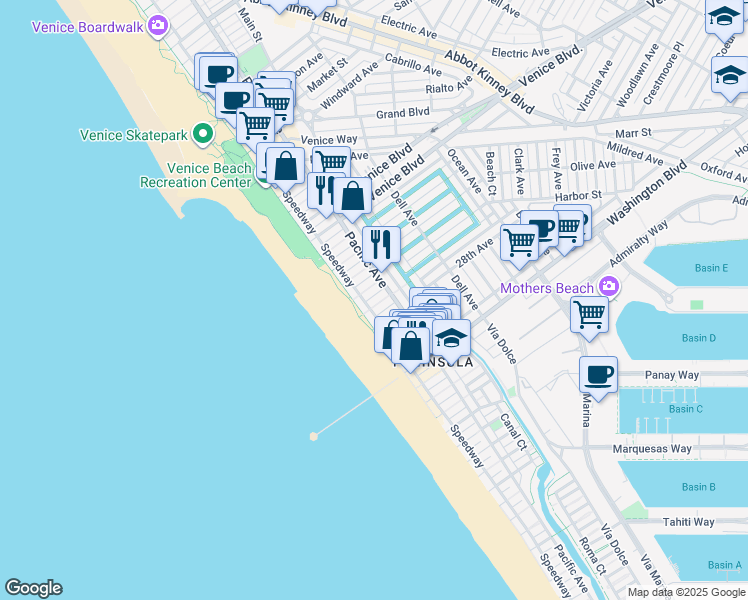 map of restaurants, bars, coffee shops, grocery stores, and more near 21 27th Avenue in Los Angeles