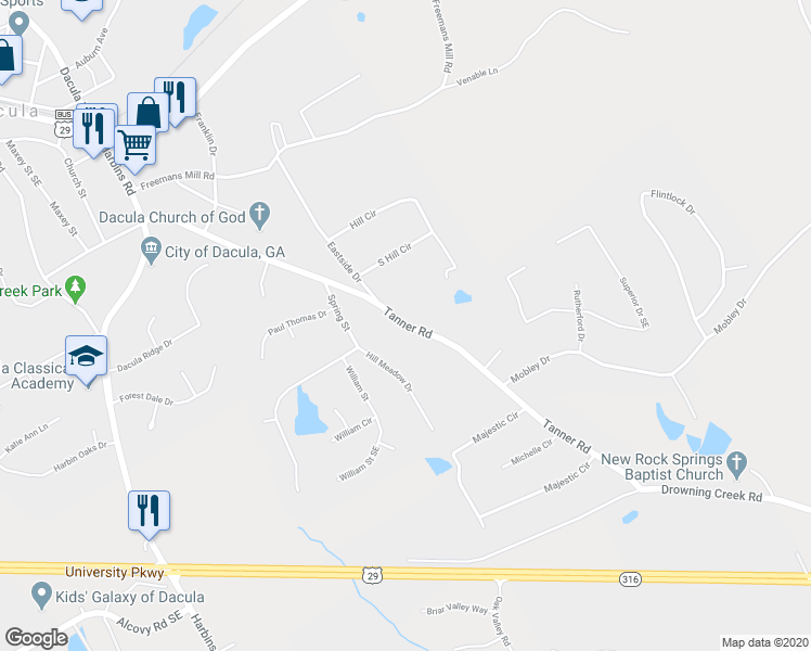 map of restaurants, bars, coffee shops, grocery stores, and more near 606 Tanner Road in Dacula