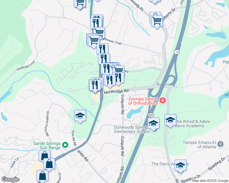 map of restaurants, bars, coffee shops, grocery stores, and more near 375 Northridge Road in Sandy Springs