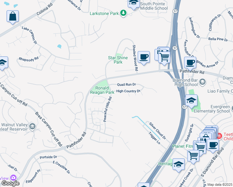 map of restaurants, bars, coffee shops, grocery stores, and more near 20818 High Country Drive in Walnut
