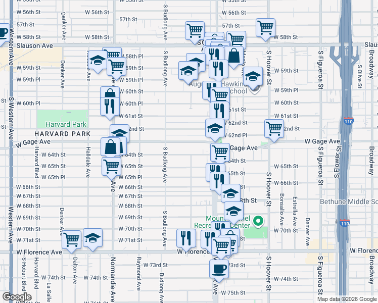 map of restaurants, bars, coffee shops, grocery stores, and more near 1120 West 64th Street in Los Angeles