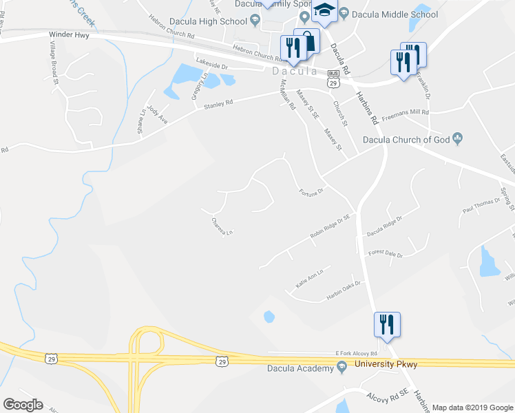 map of restaurants, bars, coffee shops, grocery stores, and more near 425 Charlyne Way in Dacula
