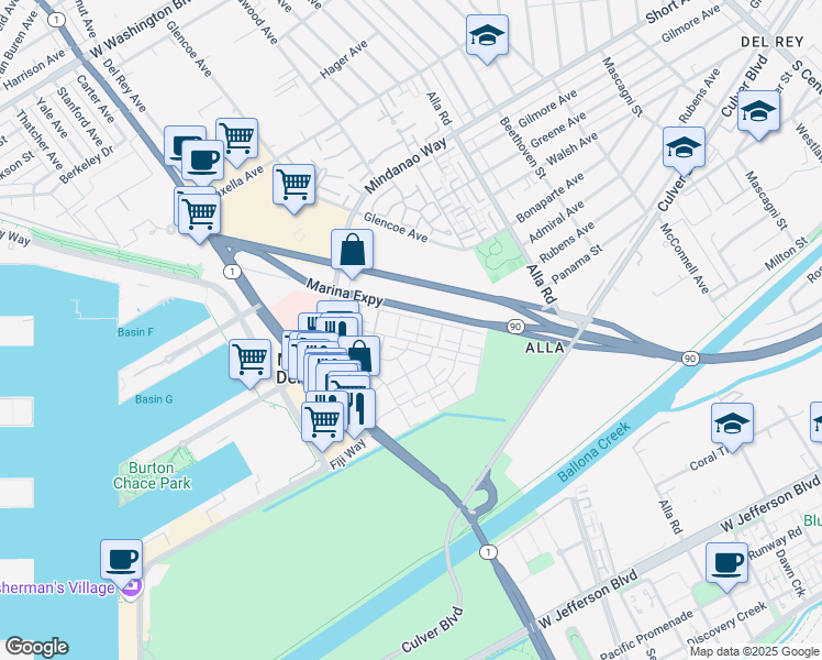 map of restaurants, bars, coffee shops, grocery stores, and more near 4752 La Villa Marina in Marina del Rey