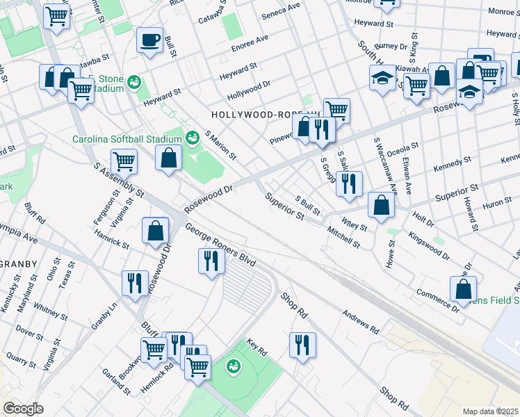 map of restaurants, bars, coffee shops, grocery stores, and more near 436 Superior Street in Columbia